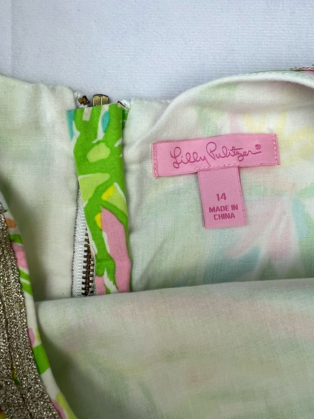 Lilly Pulitzer Girl's Sheath Dress Monstera Print 14 Green Gold Preppy Girly - Picture 5 of 9